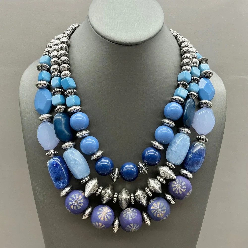 BOCAR Necklace Blue Purple Multi Strand Beaded Silver Tone Statement Boho 22